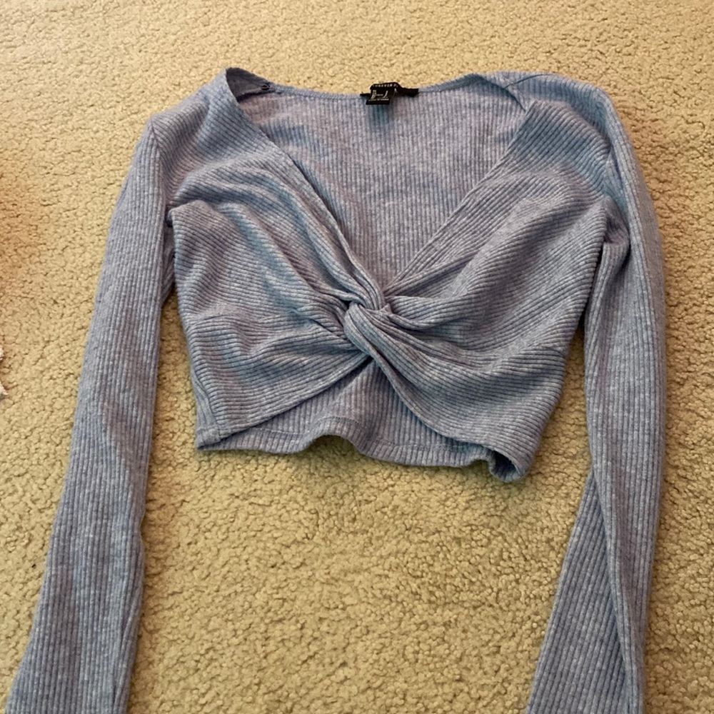 Cropped long sleeve knot front sweater